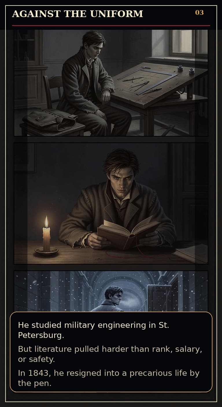 Page 3 of Fyodor Mikhailovich Dostoyevsky: Borrowed Time - The young writer resists the uniform path expected of him.