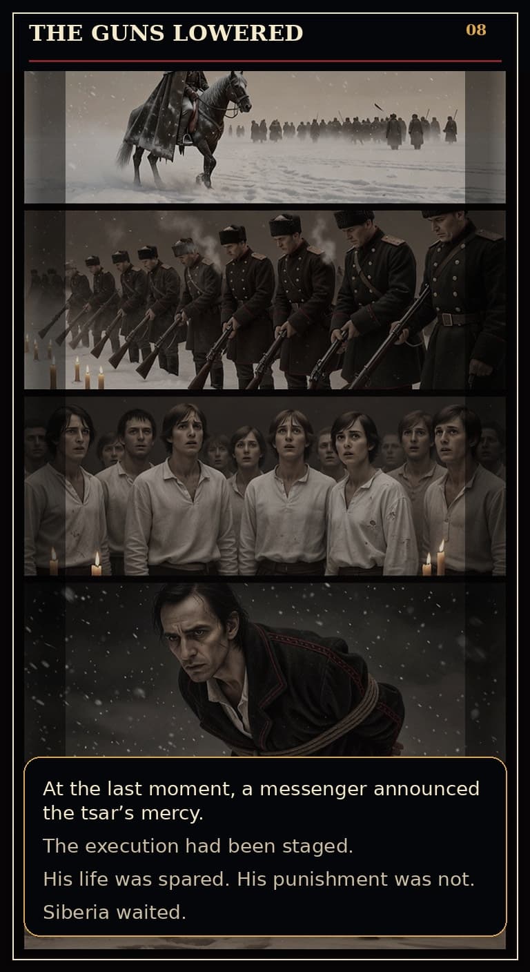 Page 8 of Fyodor Mikhailovich Dostoyevsky: Borrowed Time - The guns lower after a last-minute reprieve.