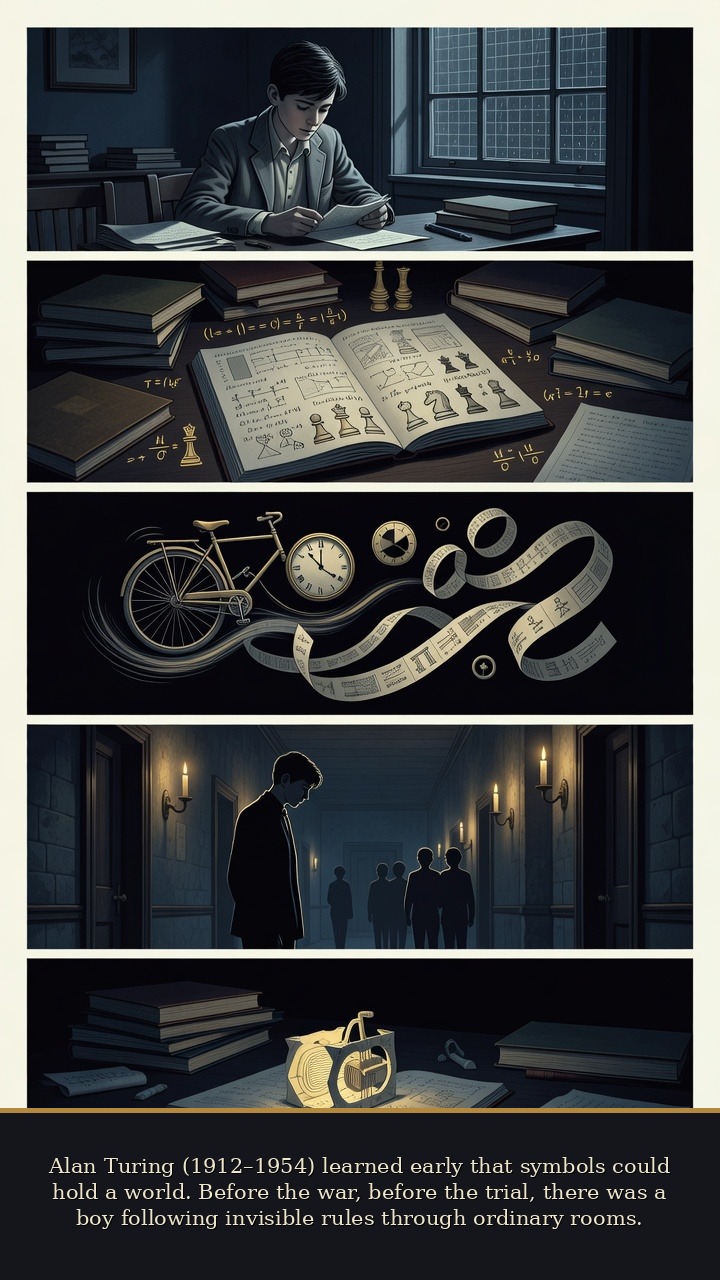 Page 1 of Alan Mathison Turing: Alan Turing: Snow-White Machine - Alan Turing (1912–1954) learned early that symbols could hold a world. Before the war, before the trial, there was a boy following invisible rules through ordinary rooms.