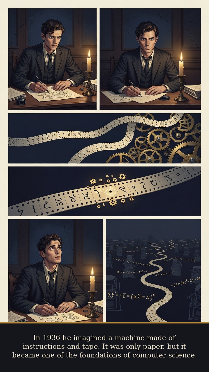 Page 2 of Alan Mathison Turing: Alan Turing: Snow-White Machine - In 1936 he imagined a machine made of instructions and tape. It was only paper, but it became one of the foundations of computer science.