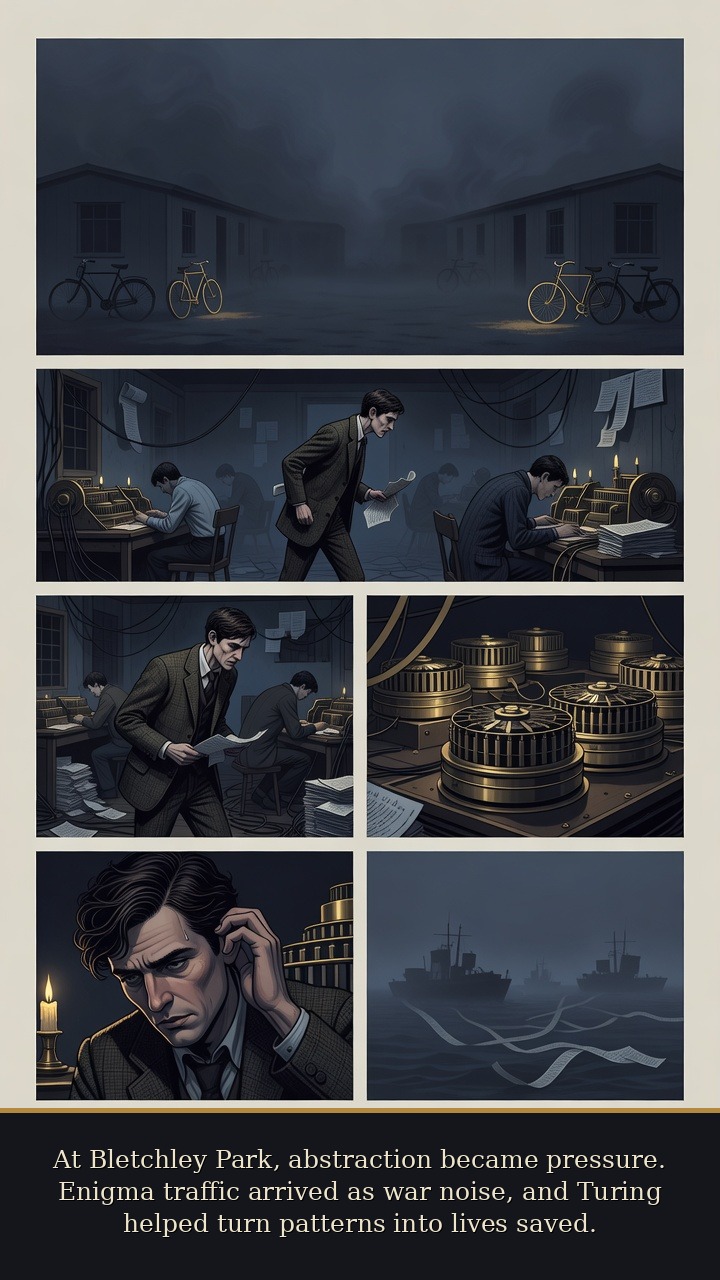 Page 3 of Alan Mathison Turing: Alan Turing: Snow-White Machine - At Bletchley Park, abstraction became pressure. Enigma traffic arrived as war noise, and Turing helped turn patterns into lives saved.