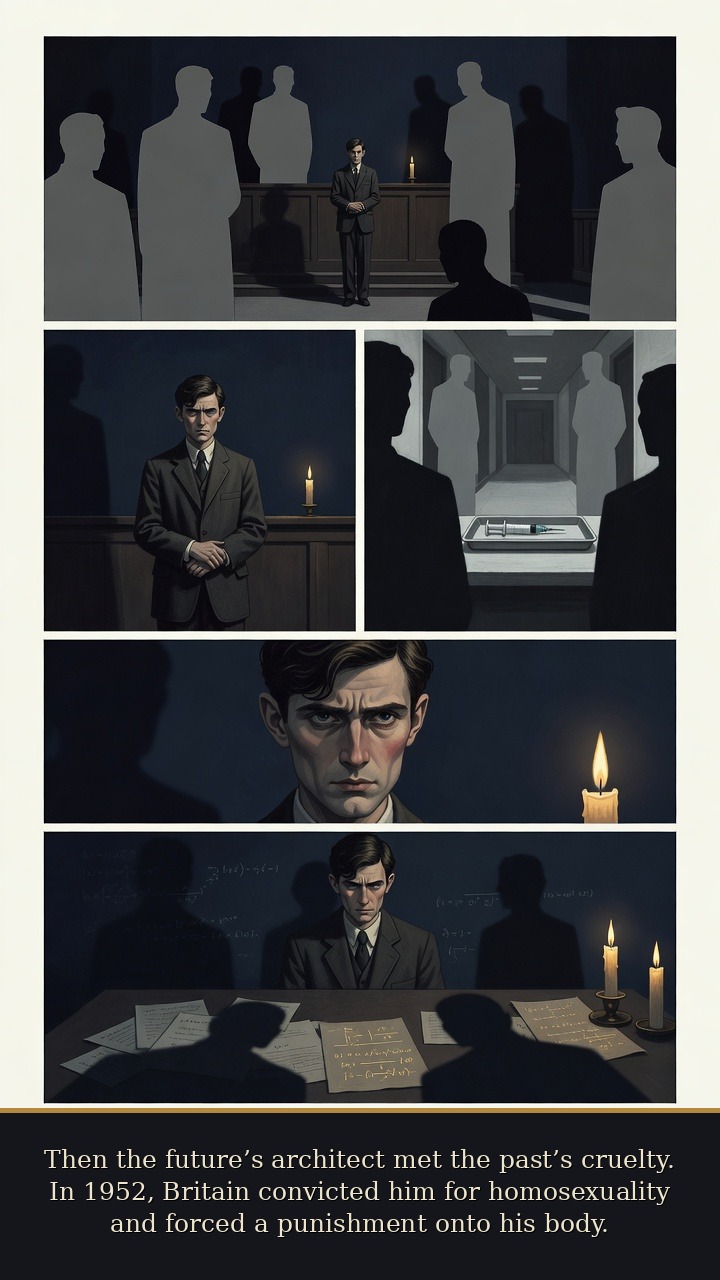 Page 5 of Alan Mathison Turing: Alan Turing: Snow-White Machine - Then the future’s architect met the past’s cruelty. In 1952, Britain convicted him for homosexuality and forced a punishment onto his body.