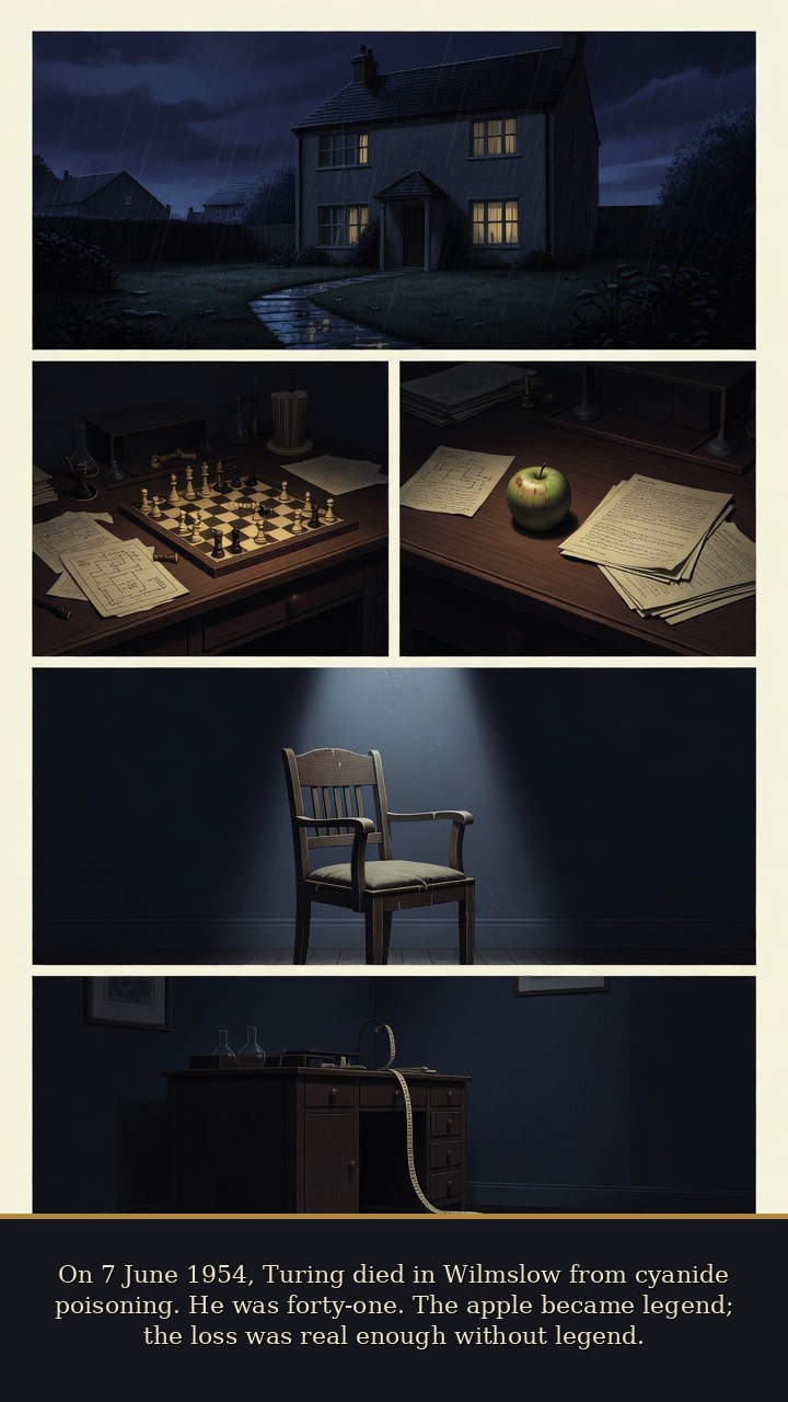 Page 6 of Alan Mathison Turing: Alan Turing: Snow-White Machine - On 7 June 1954, Turing died in Wilmslow from cyanide poisoning. He was forty-one. The apple became legend; the loss was real enough without legend.