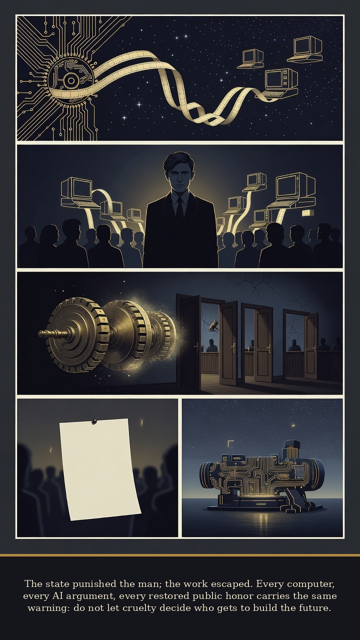 Page 7 of Alan Mathison Turing: Alan Turing: Snow-White Machine - The state punished the man; the work escaped. Every computer, every AI argument, every restored public honor carries the same warning: do not let cruelty decide who gets to build the future.