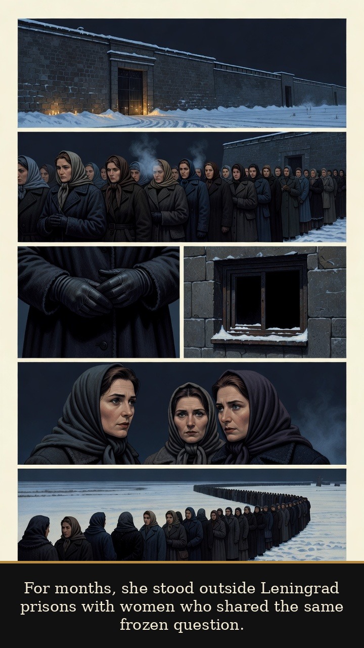 Page 3 of Anna Akhmatova: Anna Akhmatova: Requiem Queue - Akhmatova waits in prison queues with other women seeking news of imprisoned relatives.
