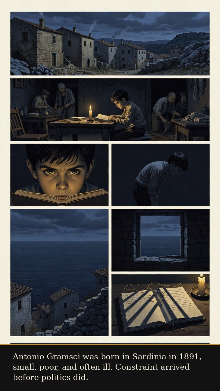 Page 1 of Antonio Francesco Gramsci: Antonio Gramsci: Prison Notebooks - Sardinia gives young Gramsci poverty, illness, constraint, and the first hard grammar of survival.