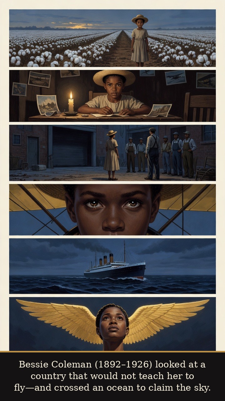 Page 1 of Bessie Coleman: Bessie Coleman: Queen Bess After the Crash - Bessie Coleman (1892–1926) looked at a country that would not teach her to fly—and crossed an ocean to claim the sky.