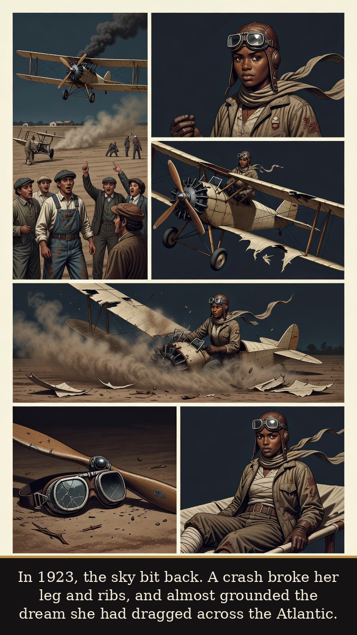 Page 4 of Bessie Coleman: Bessie Coleman: Queen Bess After the Crash - In 1923, the sky bit back. A crash broke her leg and ribs, and almost grounded the dream she had dragged across the Atlantic.