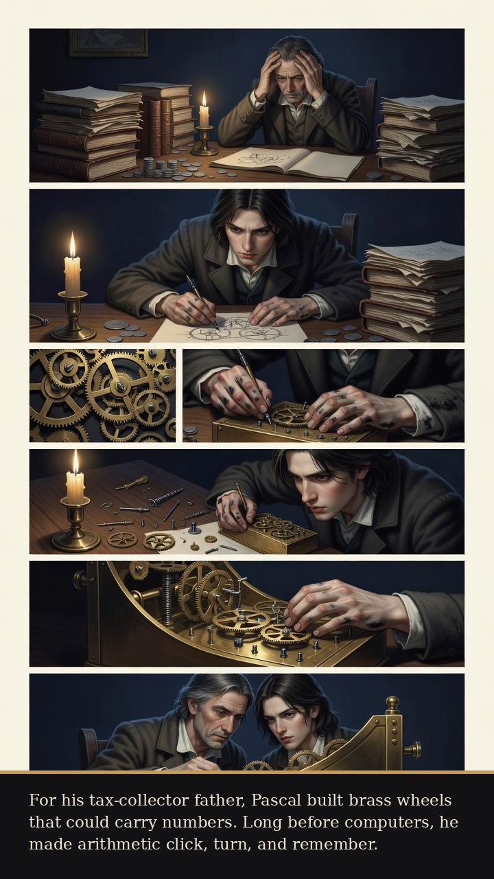 Page 2 of Blaise Pascal: Blaise Pascal: Night of Fire - He builds a brass calculating machine for his tax-collector father.