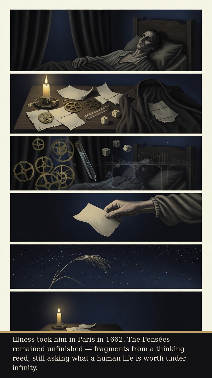 Page 7 of Blaise Pascal: Blaise Pascal: Night of Fire - He dies young, leaving the unfinished Pensées as fragments still burning.