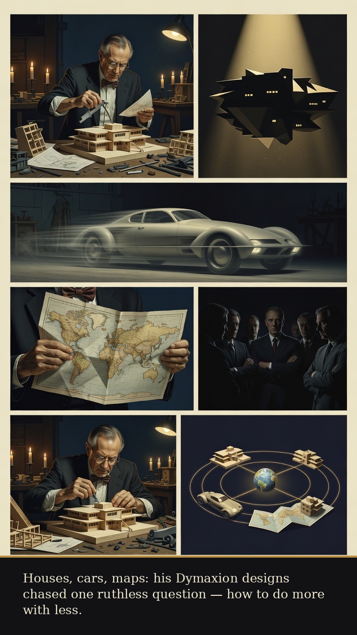 Page 4 of Richard Buckminster Fuller: Buckminster Fuller: World Machine - His Dymaxion house, car, and map experiments pursue doing more with less.