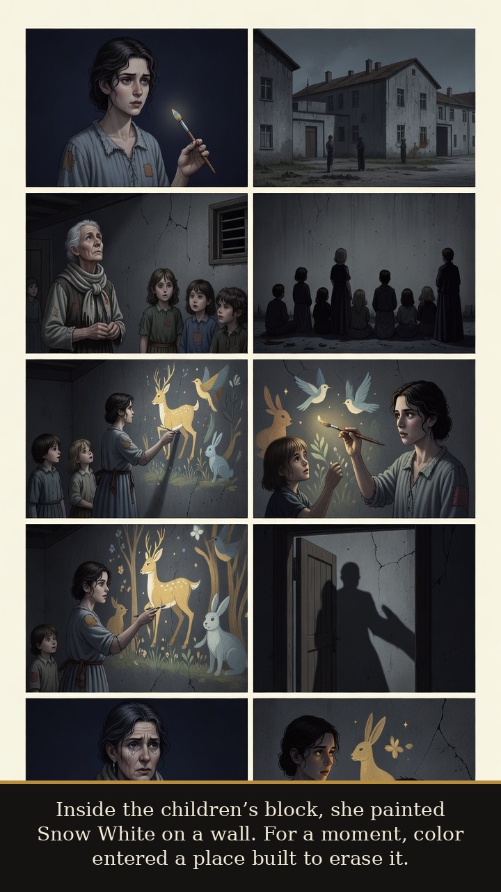Page 2 of Dina Gottliebová Babbitt: Dina Babbitt: Painted Out of Hell - Inside the children’s block, she paints a Snow White mural that briefly brings color into the camp.