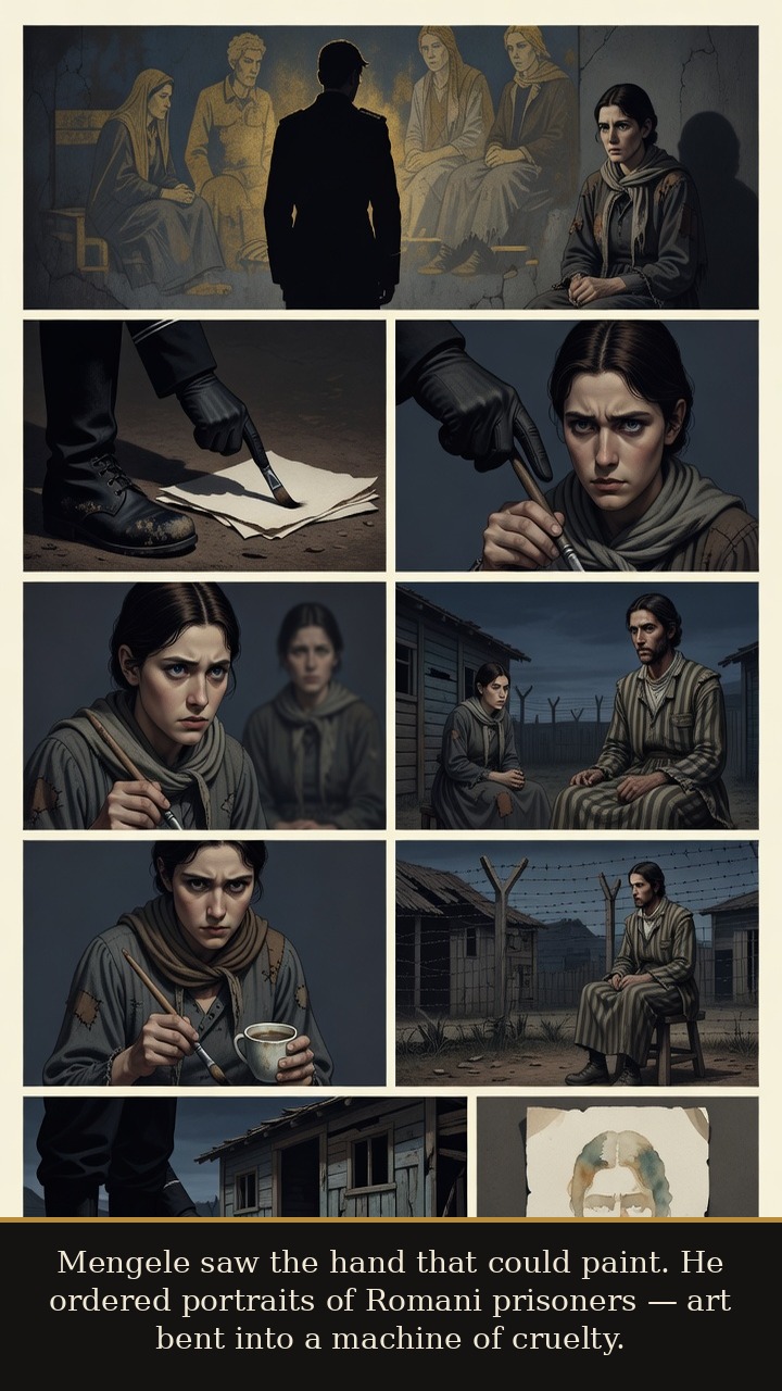 Page 3 of Dina Gottliebová Babbitt: Dina Babbitt: Painted Out of Hell - Mengele turns her art into coerced portrait work of Romani prisoners, tying survival to cruelty.