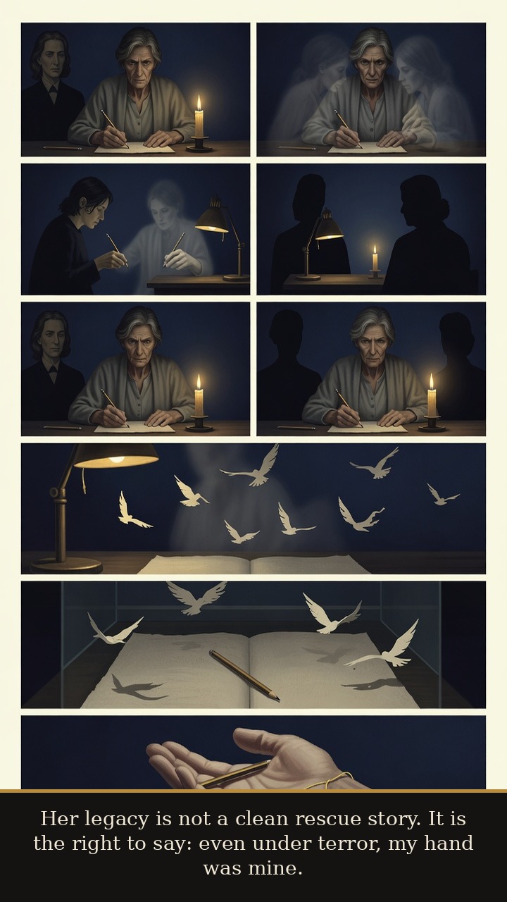 Page 7 of Dina Gottliebová Babbitt: Dina Babbitt: Painted Out of Hell - The final page frames her worth: even under terror, the artist’s hand and dignity remained hers.
