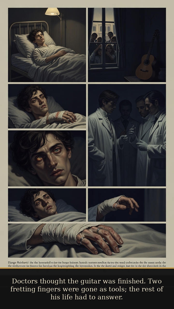 Page 3 of Django Reinhardt: Django Reinhardt: Two-Finger Fire - During convalescence, Reinhardt faces a damaged fretting hand and a medical prognosis that his guitar playing is finished.