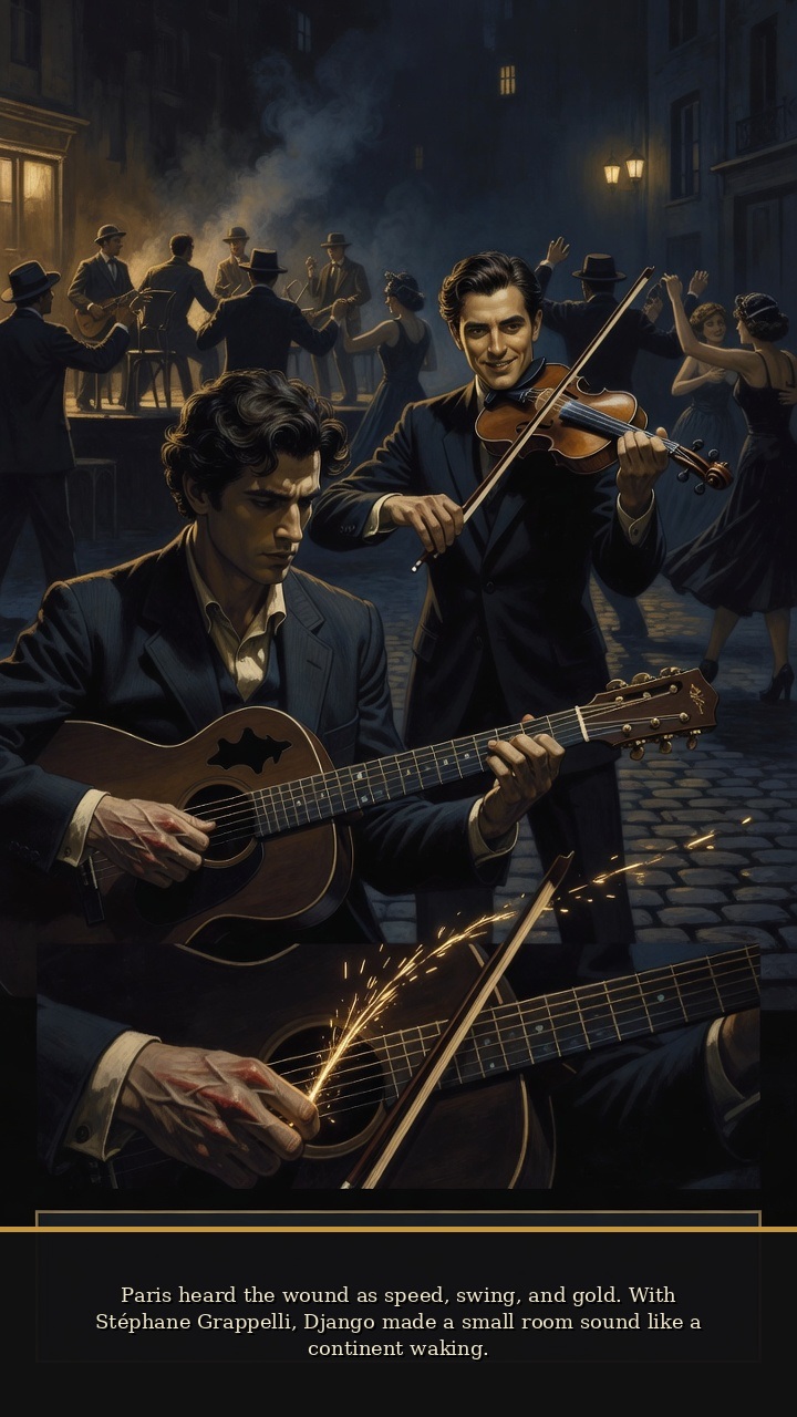 Page 5 of Django Reinhardt: Django Reinhardt: Two-Finger Fire - In Paris, Reinhardt and violinist Stéphane Grappelli turn the new technique into the sound of the Quintette du Hot Club de France.