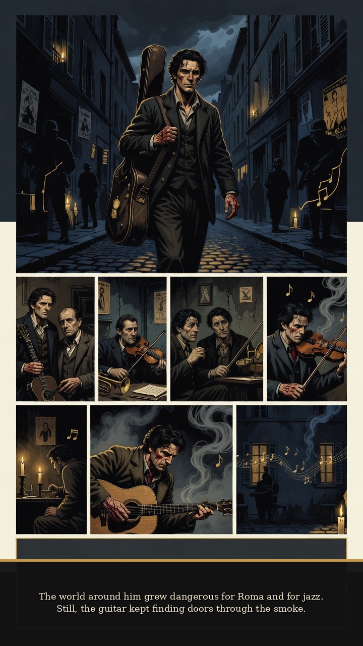 Page 6 of Django Reinhardt: Django Reinhardt: Two-Finger Fire - Reinhardt carries his guitar through wartime danger, continuing to compose and perform amid smoke and uncertainty.