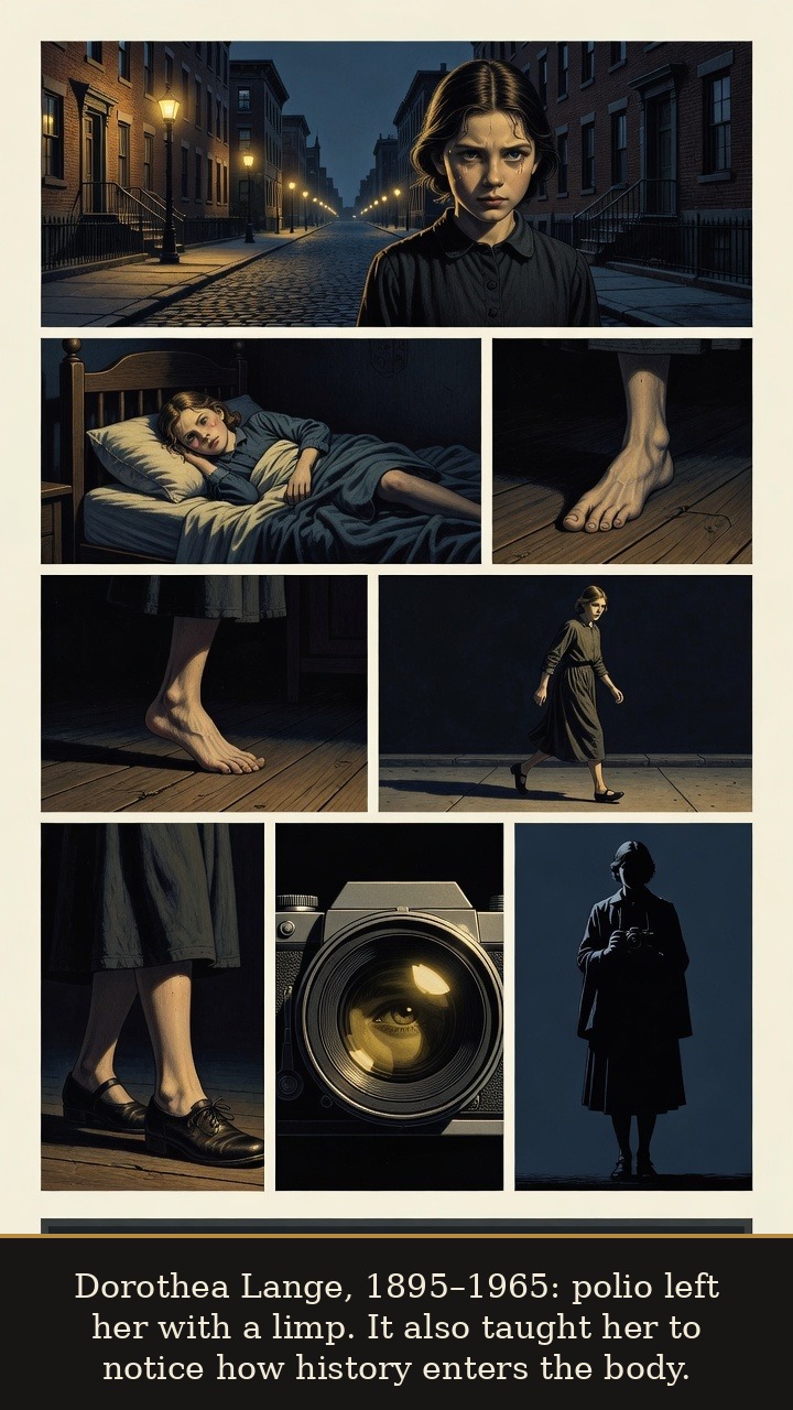 Page 1 of Dorothea Lange: Dorothea Lange: Limp and Lens - Childhood polio leaves Dorothea Lange with a limp and a sharpened eye for how history enters the body.