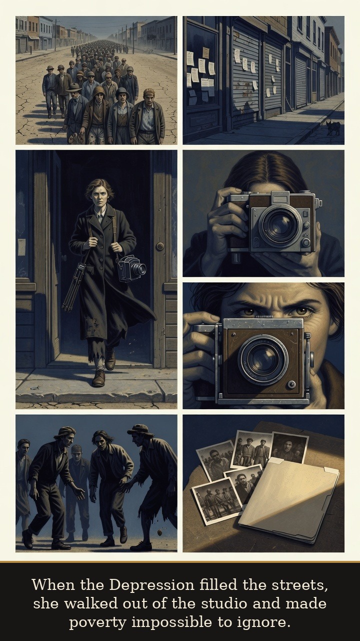 Page 3 of Dorothea Lange: Dorothea Lange: Limp and Lens - The Depression pulls her out of the studio into breadlines and shuttered streets.