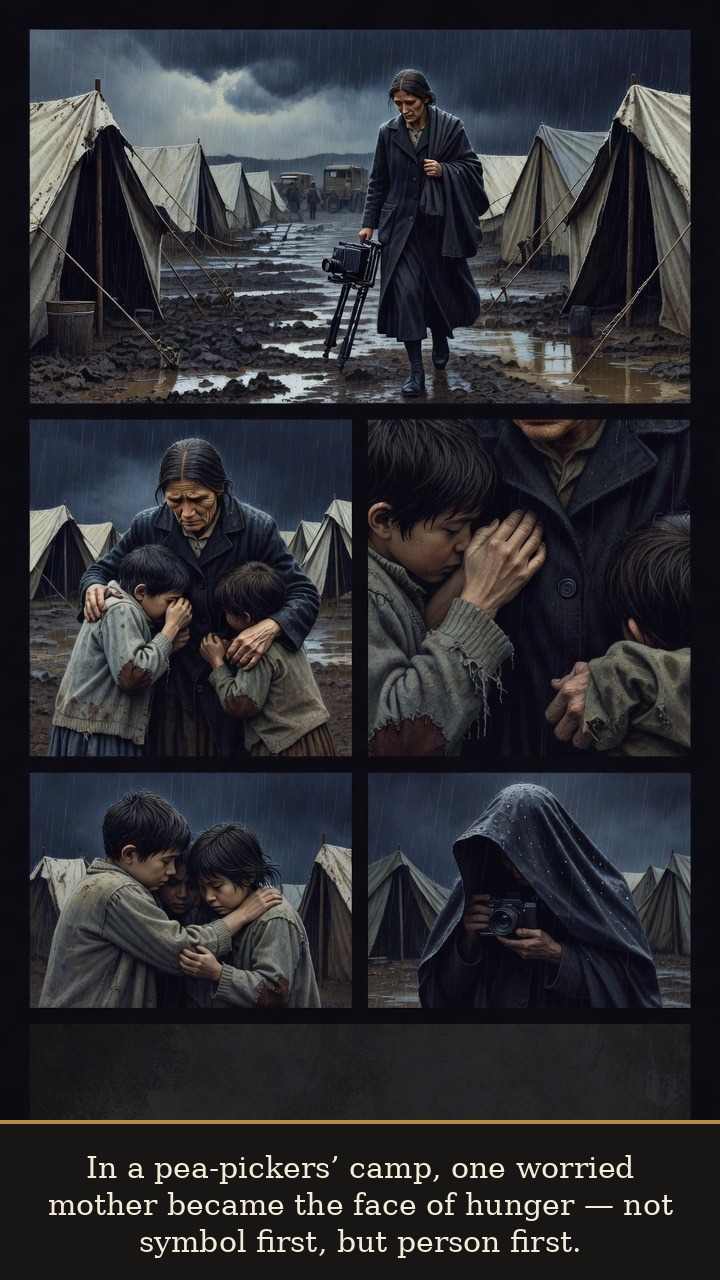 Page 4 of Dorothea Lange: Dorothea Lange: Limp and Lens - In a migrant camp, a worried mother becomes evidence of hunger without losing personhood.