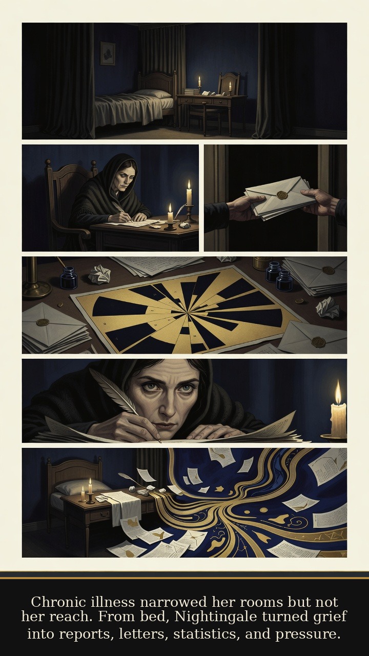 Page 4 of Florence Nightingale: Florence Nightingale: Lamp and Ledger - Chronic illness narrowed her rooms but not her reach. From bed, Nightingale turned grief into reports, letters, statistics, and pressure.