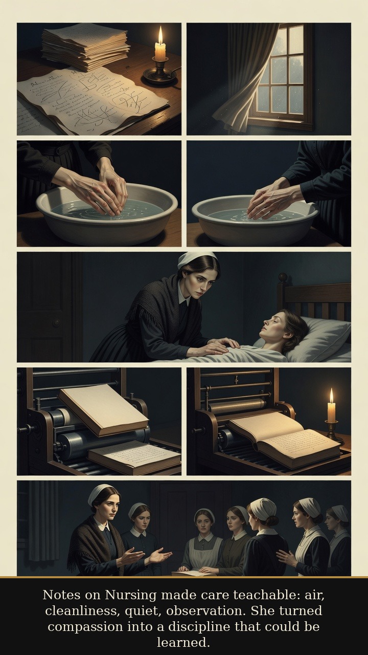 Page 5 of Florence Nightingale: Florence Nightingale: Lamp and Ledger - Notes on Nursing made care teachable: air, cleanliness, quiet, observation. She turned compassion into a discipline that could be learned.