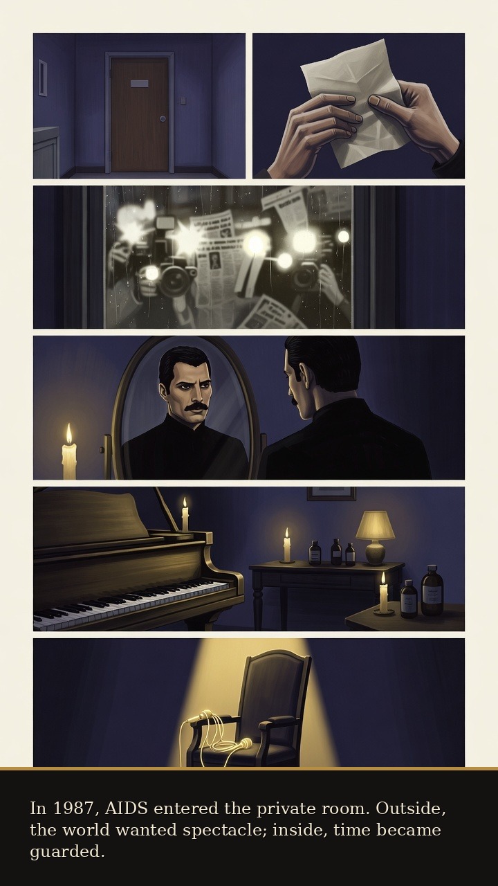 Page 4 of Freddie Mercury: Freddie Mercury: Last Light - AIDS enters Mercury's private room while public rumor presses from outside.