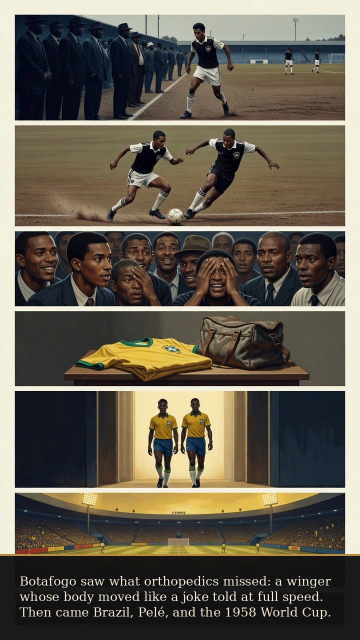 Page 3 of Manoel Francisco dos Santos (Garrincha): Garrincha: Bent-Legged Angel - Botafogo and Brazil discover the winger, leading to Pelé and the 1958 World Cup stage.
