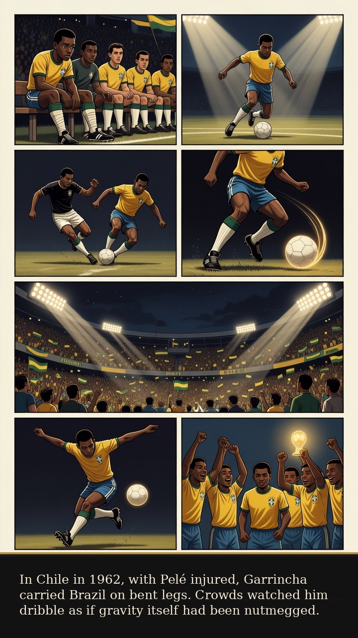 Page 4 of Manoel Francisco dos Santos (Garrincha): Garrincha: Bent-Legged Angel - With Pelé hurt in 1962, Garrincha carries Brazil and turns dribbling into national joy.