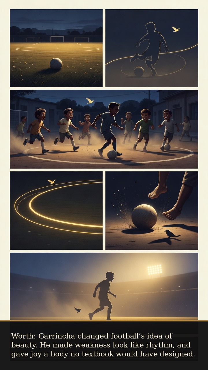 Page 7 of Manoel Francisco dos Santos (Garrincha): Garrincha: Bent-Legged Angel - The closing page states his worth: he changed football's idea of beauty by making weakness look like rhythm.
