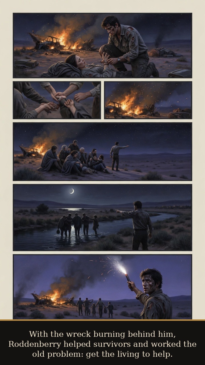 Page 3 of Gene Roddenberry: Gene Roddenberry: Desert Starship - Roddenberry and other survivors organize aid after the burning wreck.