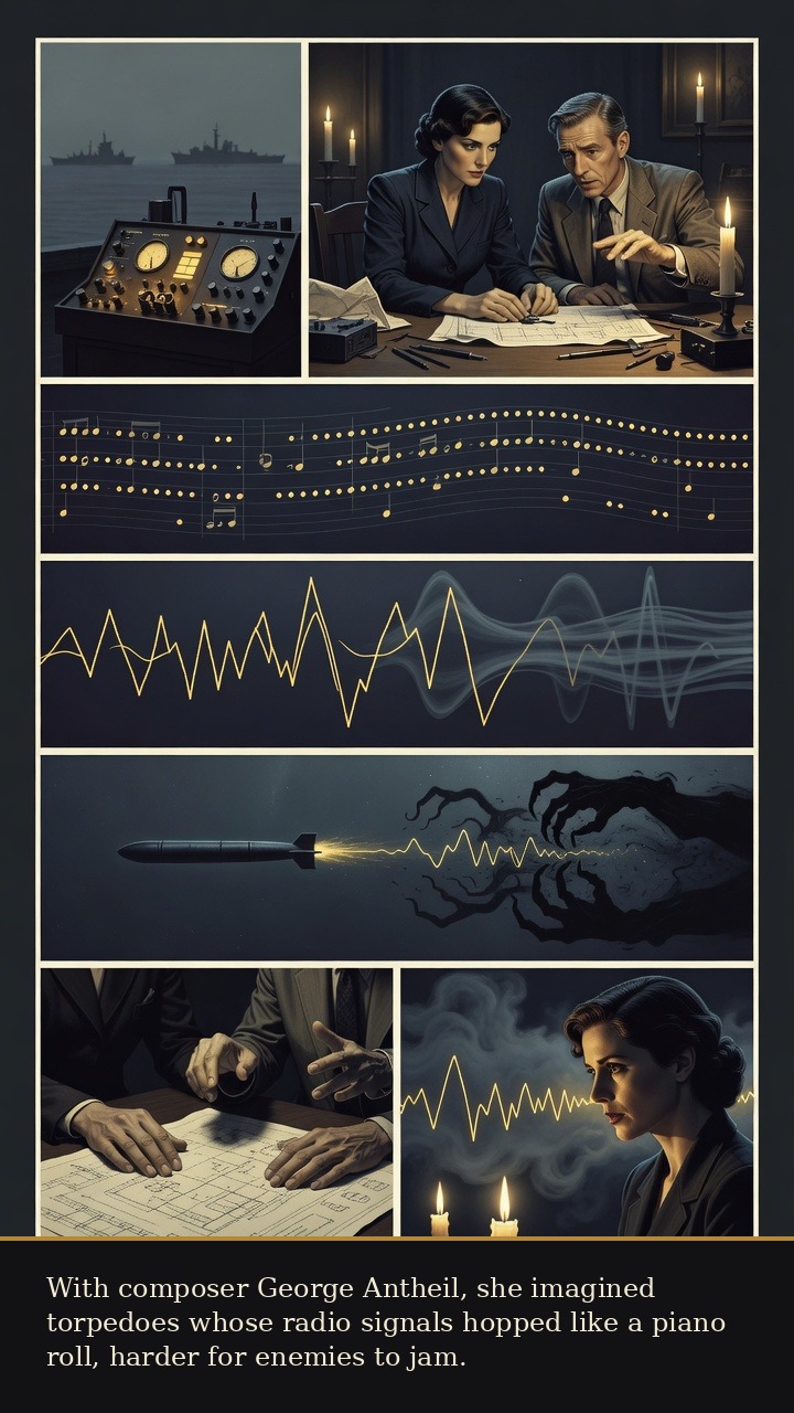 Page 5 of Hedy Lamarr: Hedy Lamarr: Secret Signal - With composer George Antheil, she imagined torpedoes whose radio signals hopped like a piano roll, harder for enemies to jam.
