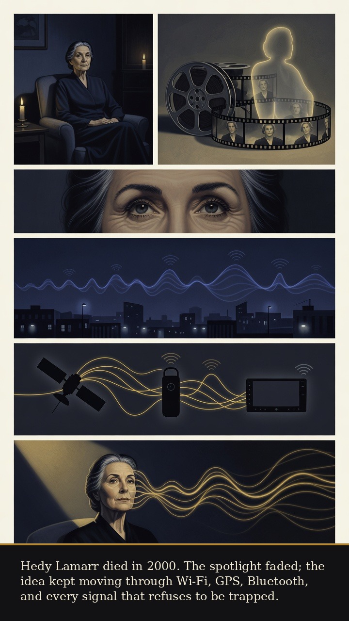 Page 7 of Hedy Lamarr: Hedy Lamarr: Secret Signal - Hedy Lamarr died in 2000. The spotlight faded; the idea kept moving through Wi-Fi, GPS, Bluetooth, and every signal that refuses to be trapped.