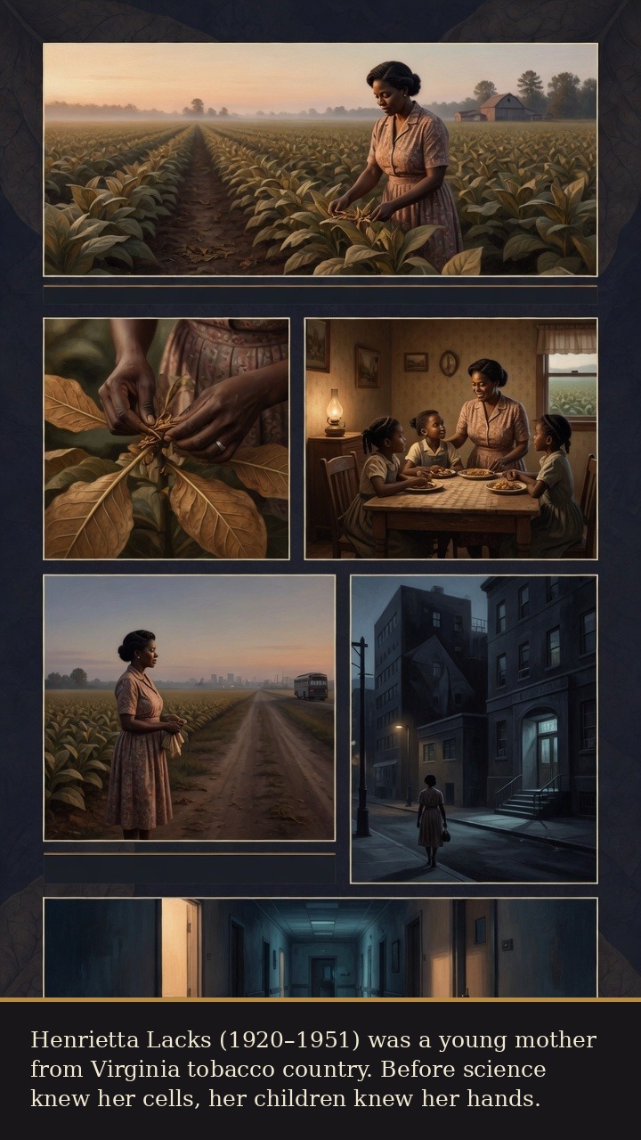 Page 1 of Henrietta Lacks: Henrietta Lacks: Immortal Cells - Henrietta Lacks is introduced as a mother from Virginia tobacco country before the medical story begins.