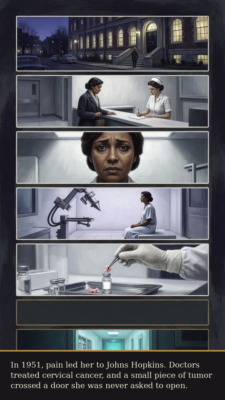 Page 2 of Henrietta Lacks: Henrietta Lacks: Immortal Cells - Her 1951 cancer treatment at Johns Hopkins moves a tumor sample into the lab without informed consent.
