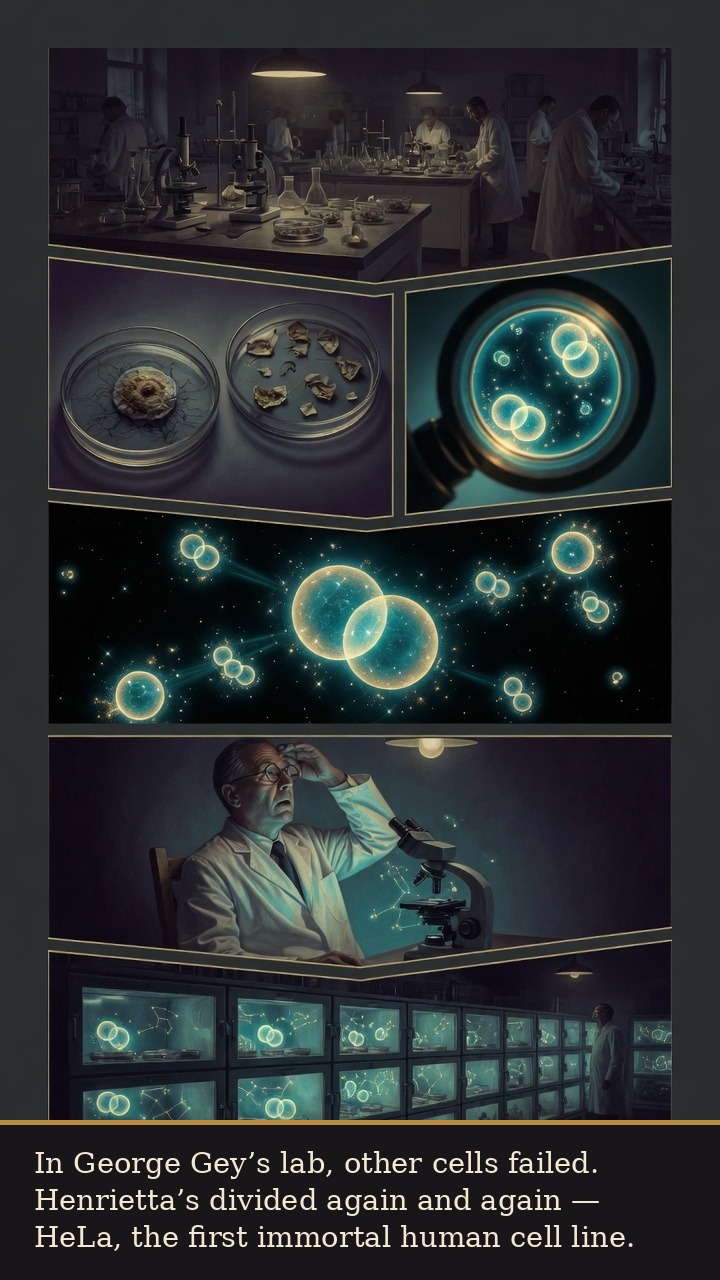 Page 3 of Henrietta Lacks: Henrietta Lacks: Immortal Cells - Her cells multiply in George Gey’s lab and become the first immortal human cell line, HeLa.