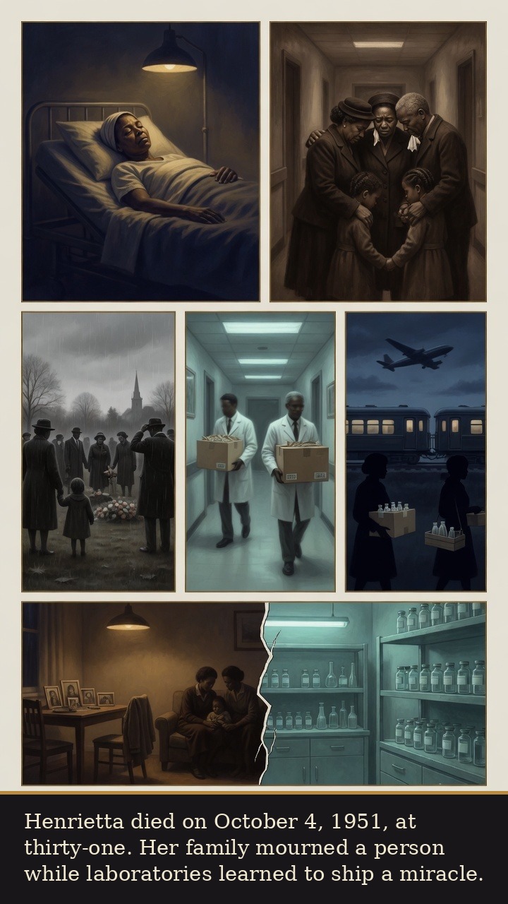 Page 4 of Henrietta Lacks: Henrietta Lacks: Immortal Cells - Henrietta dies at thirty-one while laboratories begin distributing the cells.