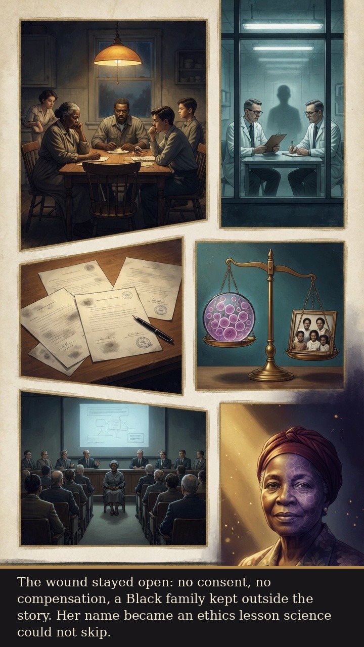 Page 6 of Henrietta Lacks: Henrietta Lacks: Immortal Cells - The story becomes an ethics reckoning about consent, race, family privacy, and profit.