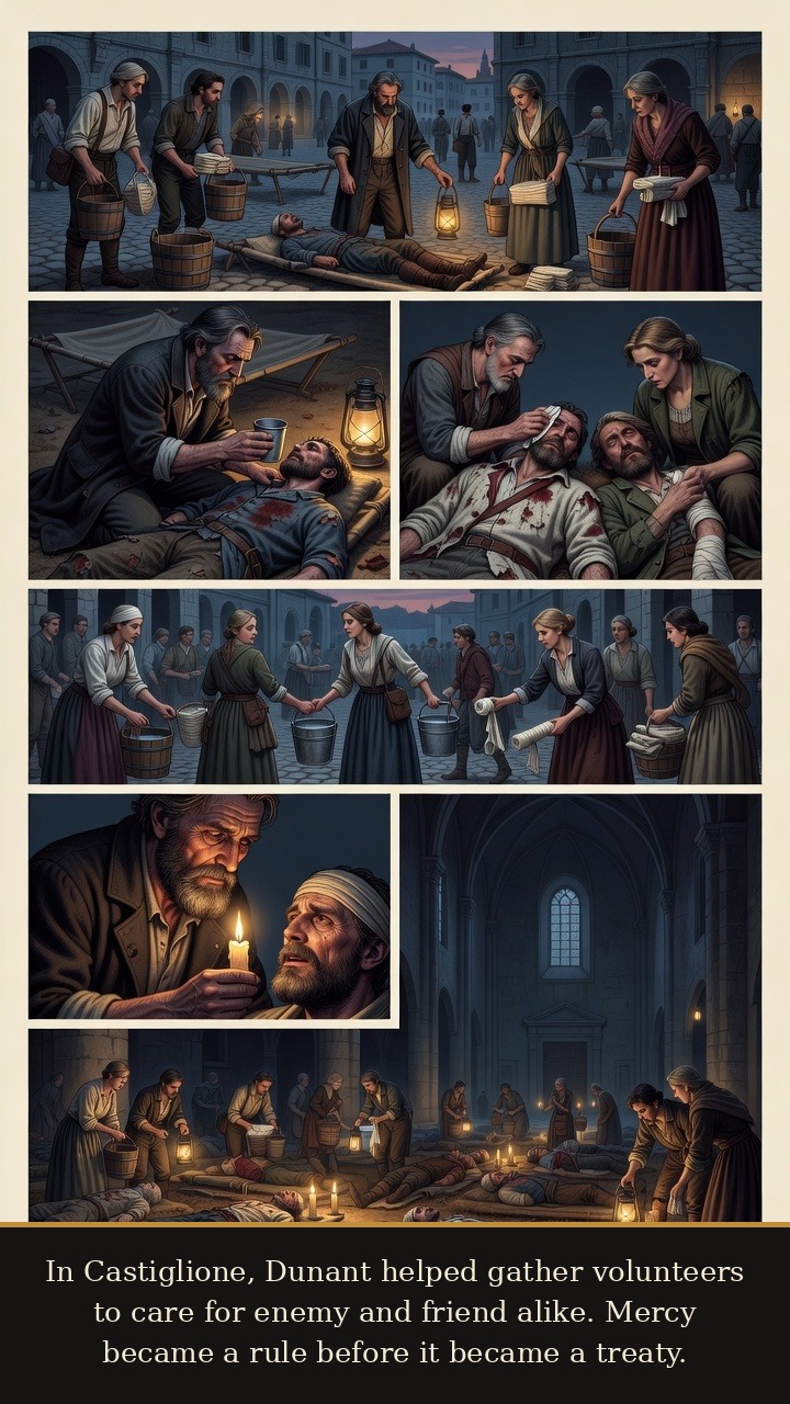 Page 3 of Henry Dunant: Henry Dunant: Solferino Memory - At Castiglione, volunteers aid enemy and friend alike, turning mercy into a practical rule.