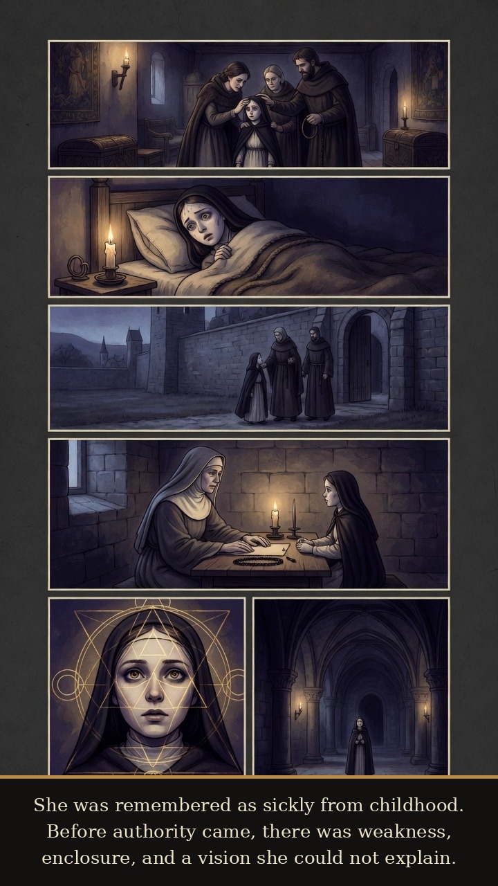 Page 2 of Hildegard of Bingen: Hildegard of Bingen: Living Light - Her childhood sickness, enclosure, and early visions form the pressure under which her later authority begins.