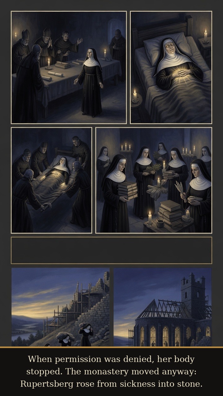 Page 5 of Hildegard of Bingen: Hildegard of Bingen: Living Light - Institutional resistance to Rupertsberg is broken after illness leaves her unable to move, and the monastery rises.