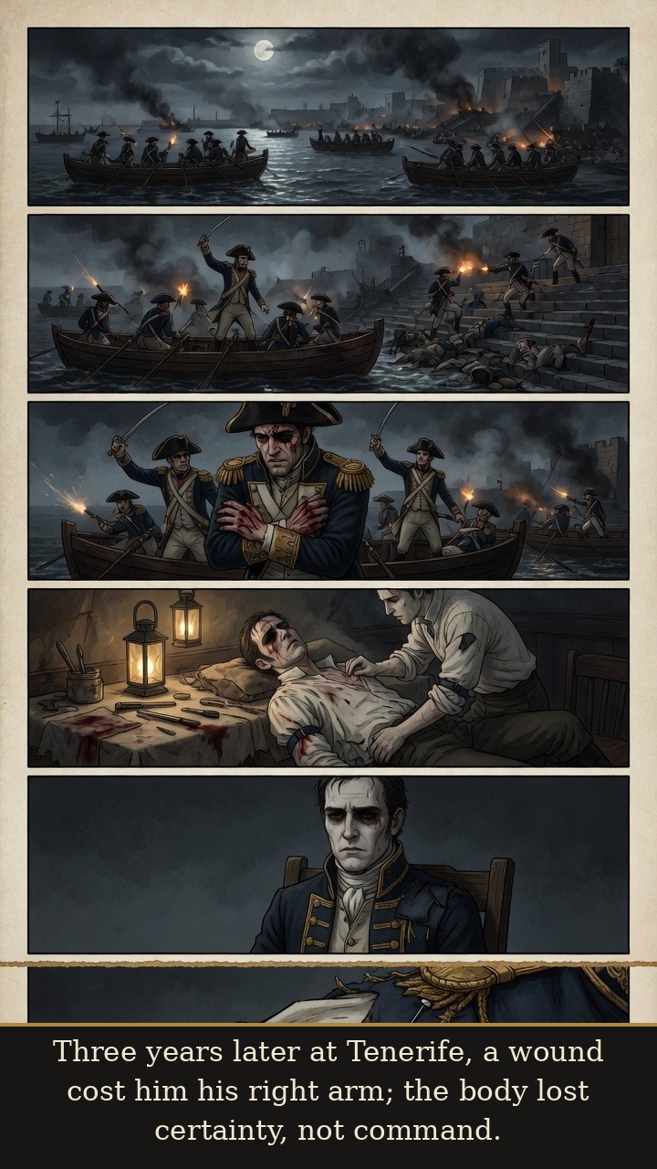 Page 3 of Horatio Nelson: Horatio Nelson: Trafalgar Light - At Tenerife in 1797, he loses his right arm and carries the empty sleeve onward.