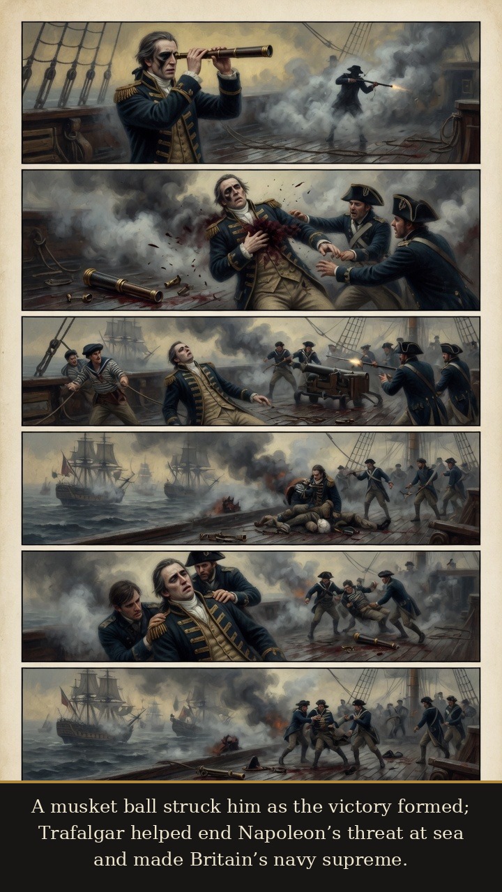 Page 6 of Horatio Nelson: Horatio Nelson: Trafalgar Light - Nelson is fatally shot as Trafalgar helps end Napoleon’s threat at sea and confirms British naval supremacy.
