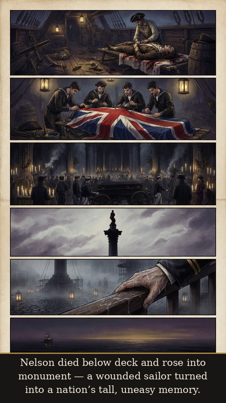 Page 7 of Horatio Nelson: Horatio Nelson: Trafalgar Light - His death becomes national memory: coffin, column, and dark sea.