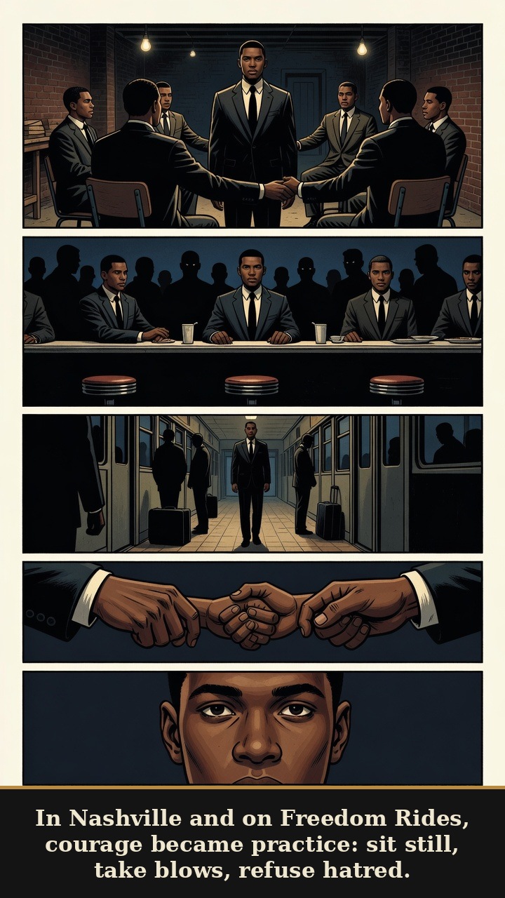 Page 3 of John Lewis: John Lewis: Good Trouble - Nashville sit-ins and Freedom Rides train courage as disciplined nonviolence rather than passive endurance.