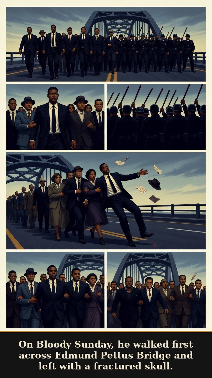 Page 4 of John Lewis: John Lewis: Good Trouble - Bloody Sunday becomes the mortality hinge: Lewis walks first across Edmund Pettus Bridge and suffers a fractured skull.