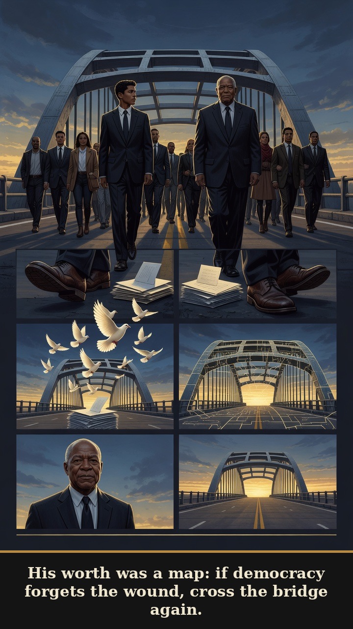 Page 7 of John Lewis: John Lewis: Good Trouble - The worth page frames good trouble as a map for democratic memory: cross the bridge again when democracy forgets.
