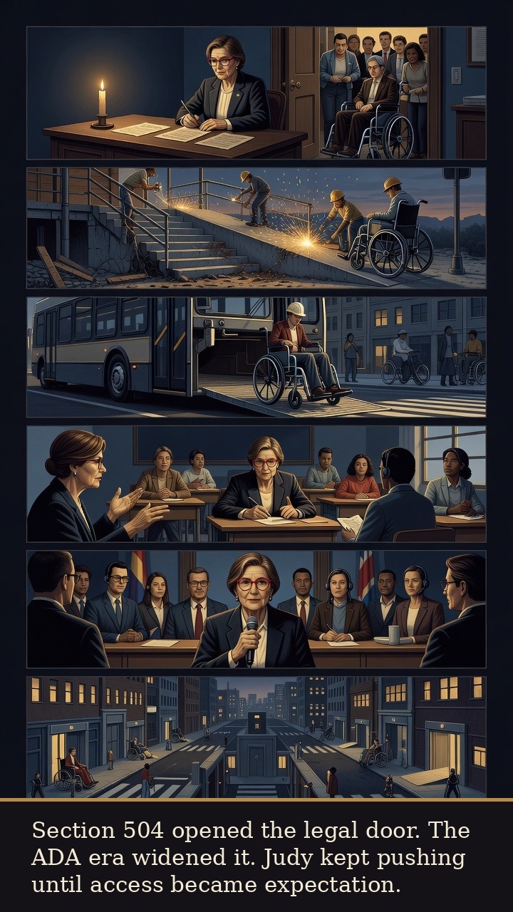 Page 6 of Judith Ellen “Judy” Heumann: Judy Heumann: Sign 504 - Section 504 enforcement and later access law become ramps, buses, classrooms, interpreters, and global advocacy.