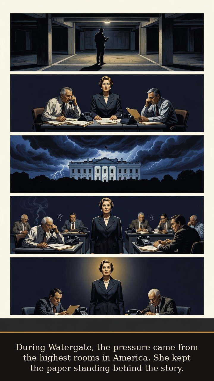 Page 5 of Katharine Meyer Graham: Katharine Graham: Newsroom After the Gun - During Watergate, she stands behind the newsroom as political pressure rises from the highest rooms in America.
