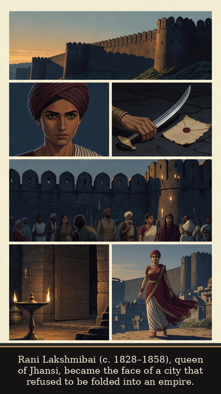 Page 1 of Rani Lakshmibai: Rani Lakshmibai: Jhansi Flame - Rani Lakshmibai (c. 1828–1858), queen of Jhansi, became the face of a city that refused to be folded into an empire.